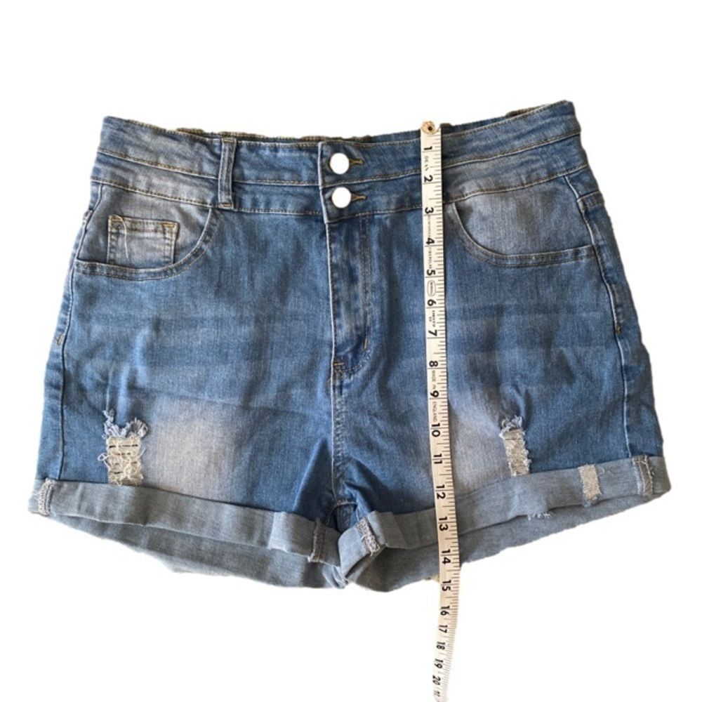 High-Waisted Denim Shorts Blue Double Button Distressed NWT - Picture 7 of 8